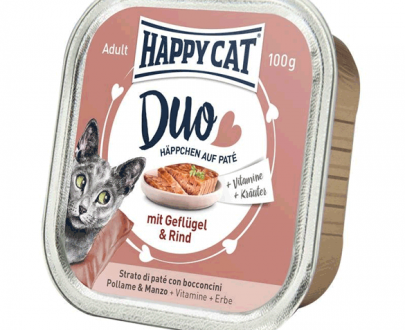 خوراک کاسه ای گربه هپی کت؛ تهیه شده از مرغ و گوشت گاو