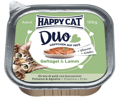 خوراک کاسه ای گربه هپی کت؛ تهیه شده از مرغ و بره