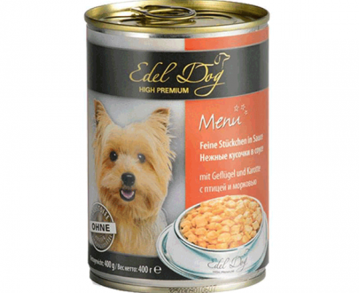 کنسرو سگ ایدل داگ Edel Dog؛ تهیه شده از گوشت مرغ و هویج؛ 400 گرمی