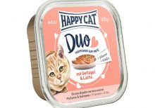 خوراک کاسه ای گربه هپی کت Happycat ؛ تهیه شده از گوشت مرغ و ماهی سالمون، 100 گرمی