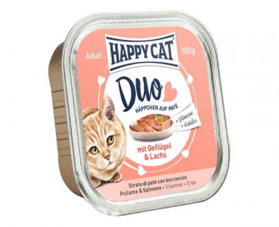 خوراک کاسه ای گربه هپی کت Happycat ؛ تهیه شده از گوشت مرغ و ماهی سالمون، 100 گرمی