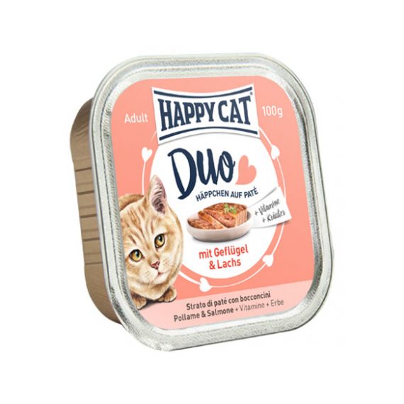 خوراک کاسه ای گربه هپی کت Happycat ؛ تهیه شده از گوشت مرغ و ماهی سالمون، 100 گرمی